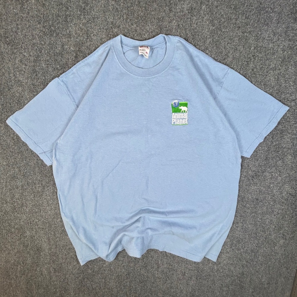 Vintage Anvil Animal Planet T Shirt Mens XL Light Blue Embroidered Logo Cotton